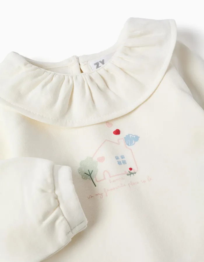 Brushed sweatshirt with house print for newborn girls, white