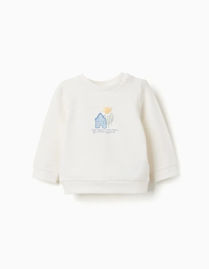 Brushed sweatshirt with house print for newborns, white