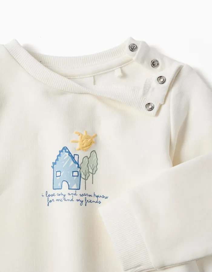 Brushed sweatshirt with house print for newborns, white