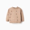 Knitted jumper with embroidered squares for newborn boys, beige