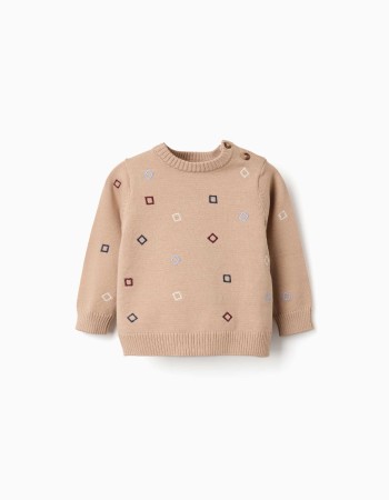 Knitted jumper with embroidered squares for newborn boys, beige