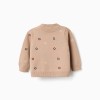 Knitted jumper with embroidered squares for newborn boys, beige