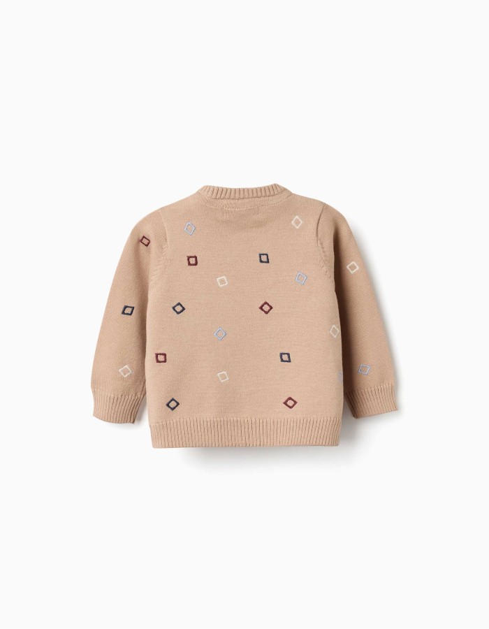 Knitted jumper with embroidered squares for newborn boys, beige