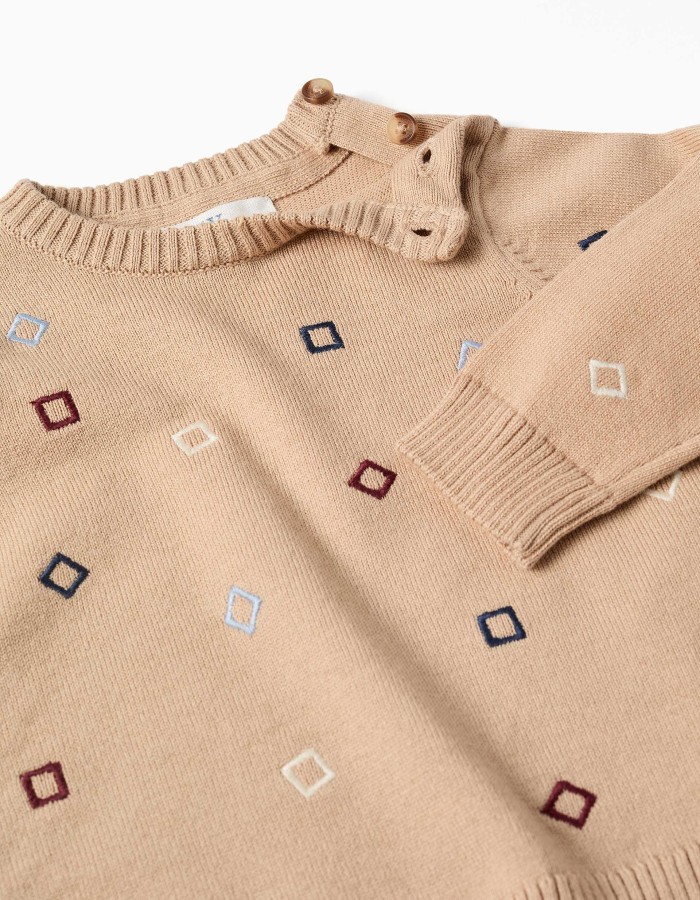 Knitted jumper with embroidered squares for newborn boys, beige
