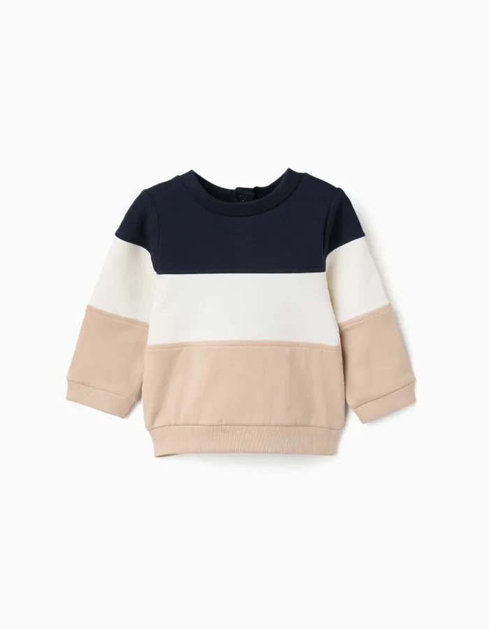 Brushed sweatshirt with colour block for newborn boys, blue/white/beige