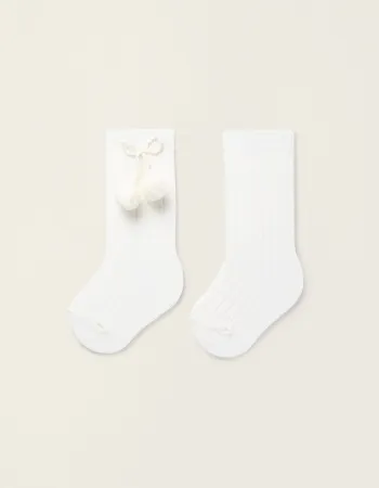 Ribbed Knee-High Socks with Pompoms for Baby Girls, White