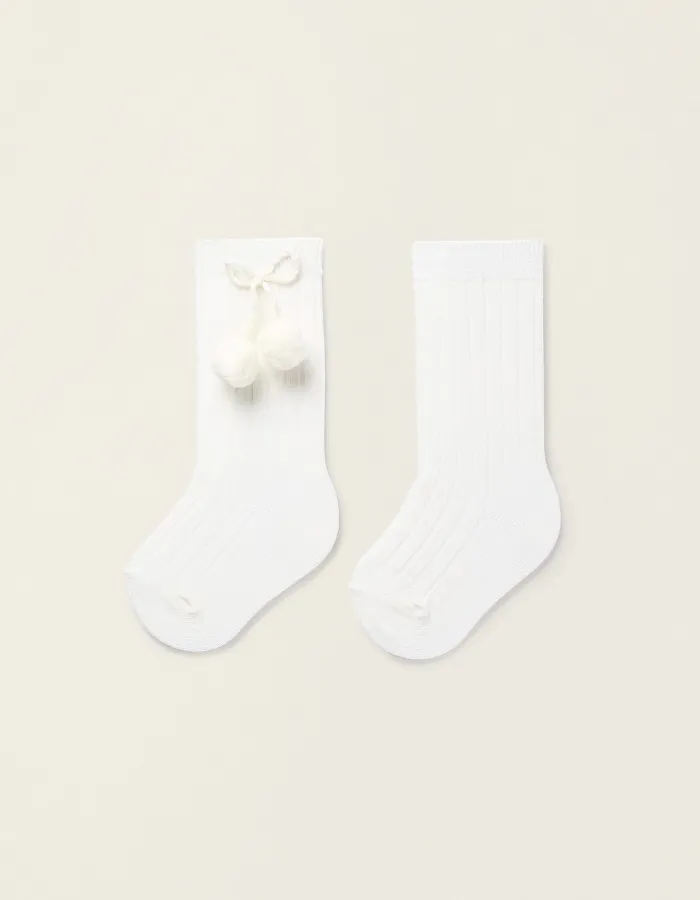 Ribbed Knee-High Socks with Pompoms for Baby Girls, White