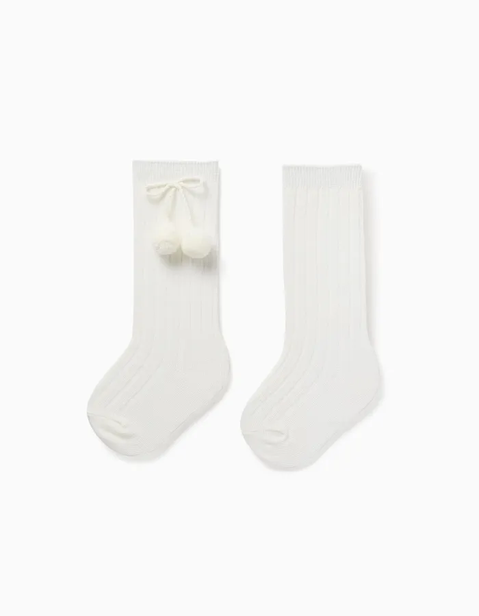 Ribbed Knee-High Socks with Pompoms for Baby Girls, White