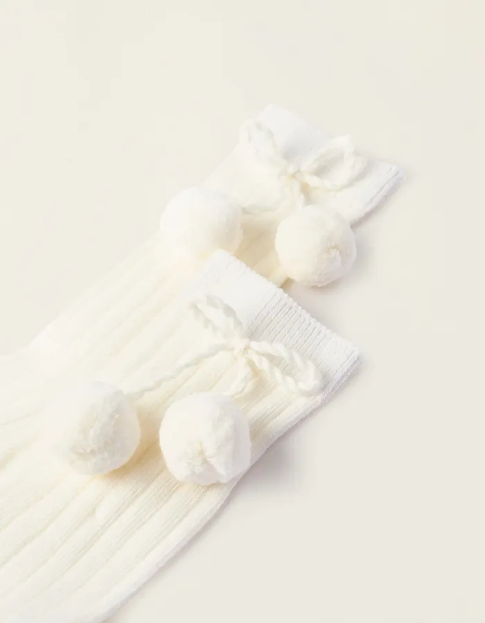 Ribbed Knee-High Socks with Pompoms for Baby Girls, White