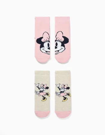 Pack of 2 non-slip socks with Minnie prints for baby girls, pink/grey