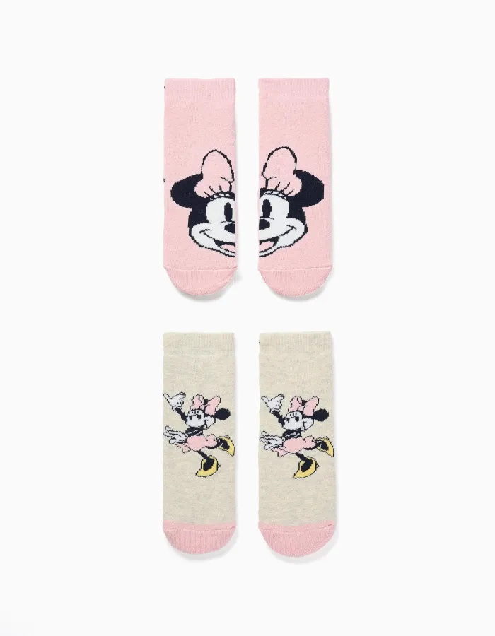 Pack of 2 non-slip socks with Minnie prints for baby girls, pink/grey