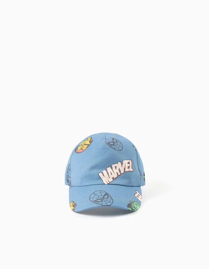 Cotton twill cap with Marvel prints for babies and boys, blue