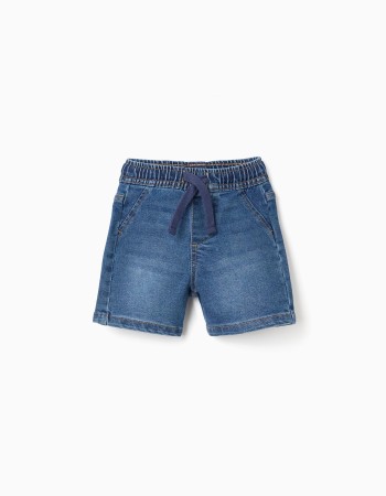 Midi denim pull-up shorts with drawstring for baby boys, blue