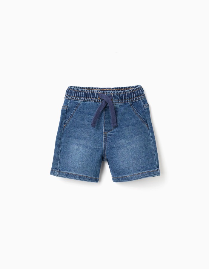 Midi denim pull-up shorts with drawstring for baby boys, blue