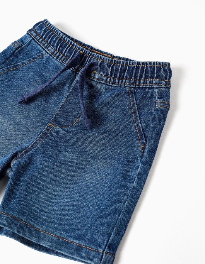 Midi denim pull-up shorts with drawstring for baby boys, blue