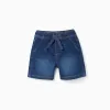 Midi denim pull-up shorts with drawstring for baby boys, dark blue