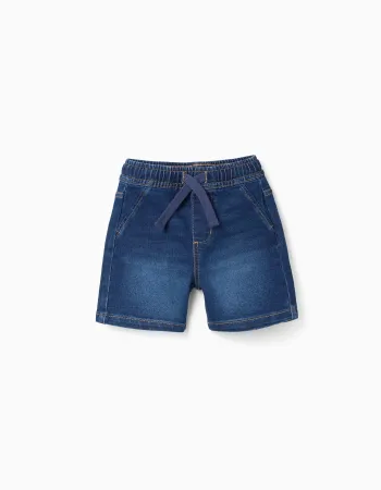 Midi denim pull-up shorts with drawstring for baby boys, dark blue