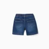 Midi denim pull-up shorts with drawstring for baby boys, dark blue