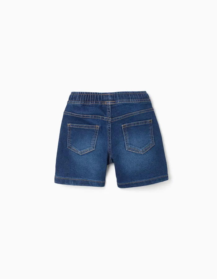 Midi denim pull-up shorts with drawstring for baby boys, dark blue