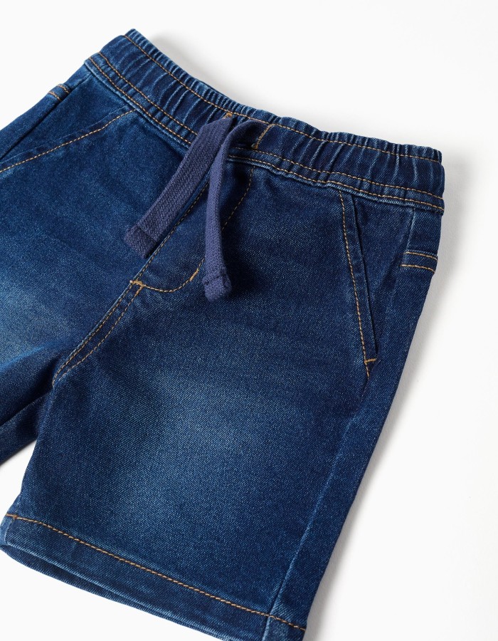 Midi denim pull-up shorts with drawstring for baby boys, dark blue