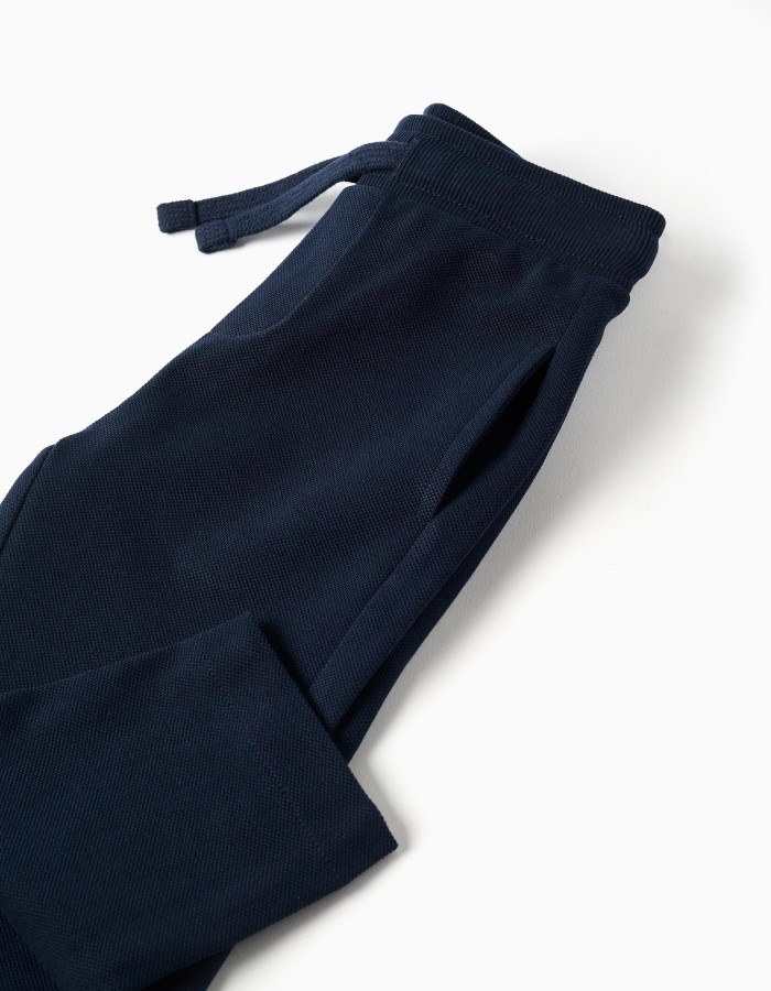 Cotton piqué slim trousers with drawstring for baby boys, dark blue