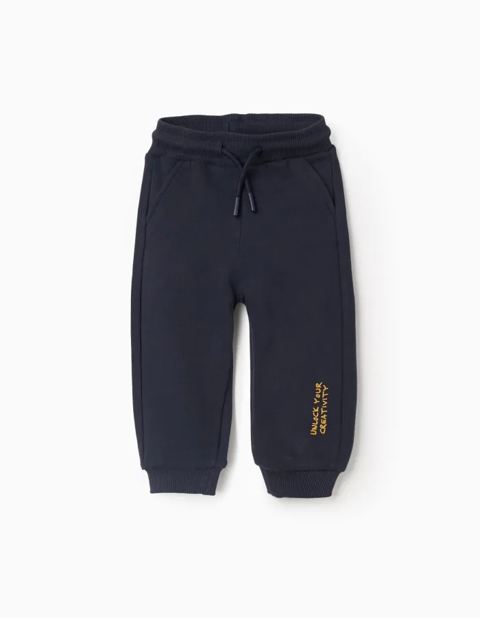 Cotton joggers with Creativity print for baby boys, dark blue