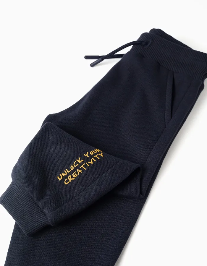 Cotton joggers with Creativity print for baby boys, dark blue