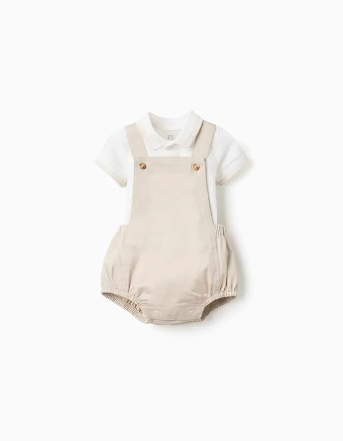 Polo-bodysuit + twill romper set for newborn boys, white/beige
