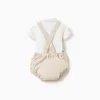Polo-bodysuit + twill romper set for newborn boys, white/beige