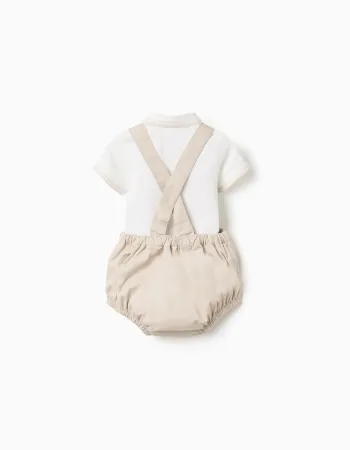 Polo-bodysuit + twill romper set for newborn boys, white/beige