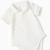 Polo-bodysuit + twill romper set for newborn boys, white/beige