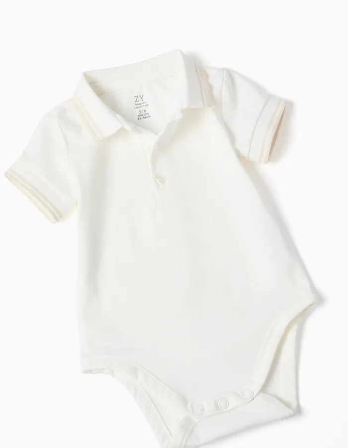 Polo-bodysuit + twill romper set for newborn boys, white/beige