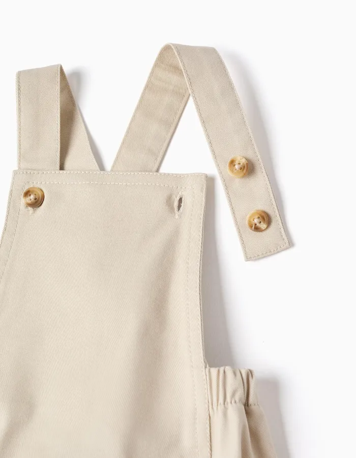 Polo-bodysuit + twill romper set for newborn boys, white/beige