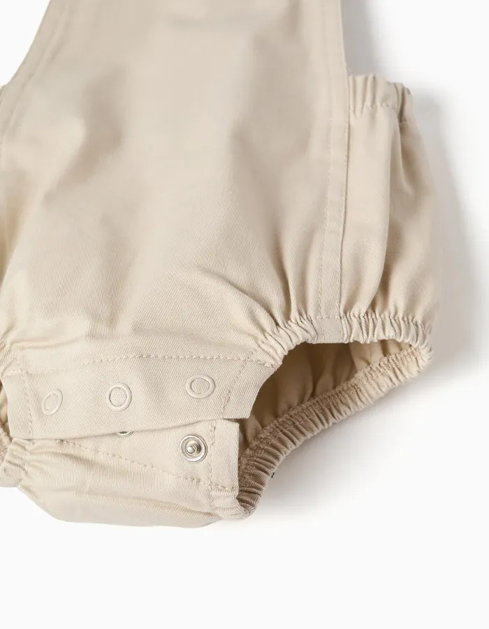 Polo-bodysuit + twill romper set for newborn boys, white/beige