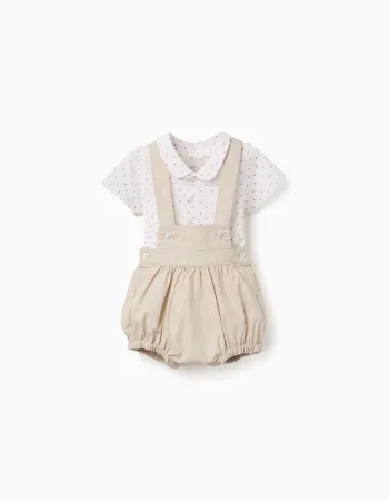 Cotton bodysuit and jumpsuit set for newborn boys, white/beige