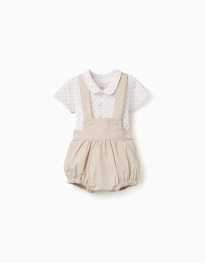 Cotton bodysuit and jumpsuit set for newborn boys, white/beige