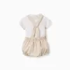 Cotton bodysuit and jumpsuit set for newborn boys, white/beige