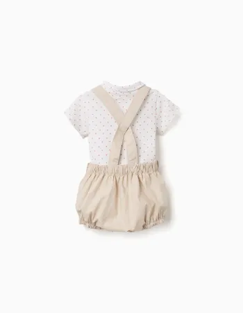 Cotton bodysuit and jumpsuit set for newborn boys, white/beige