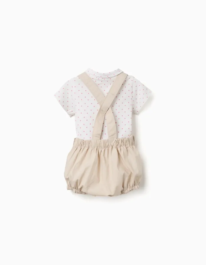 Cotton bodysuit and jumpsuit set for newborn boys, white/beige