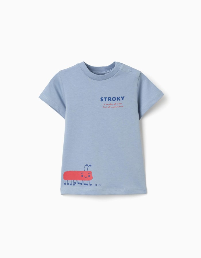Cotton T-shirt with Stroky print for baby boys, blue