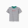 Striped cotton T-shirt with print for baby boys, white/blue/green