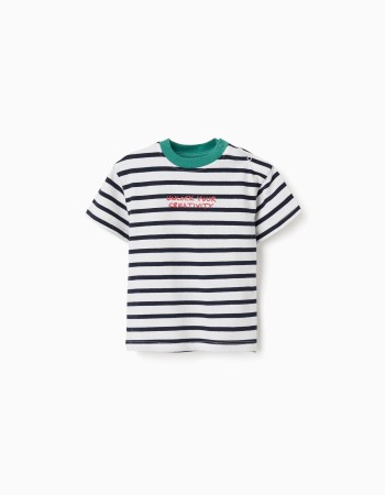 Striped cotton T-shirt with print for baby boys, white/blue/green