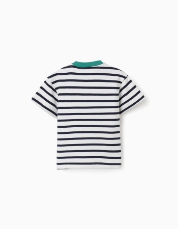 Striped cotton T-shirt with print for baby boys, white/blue/green