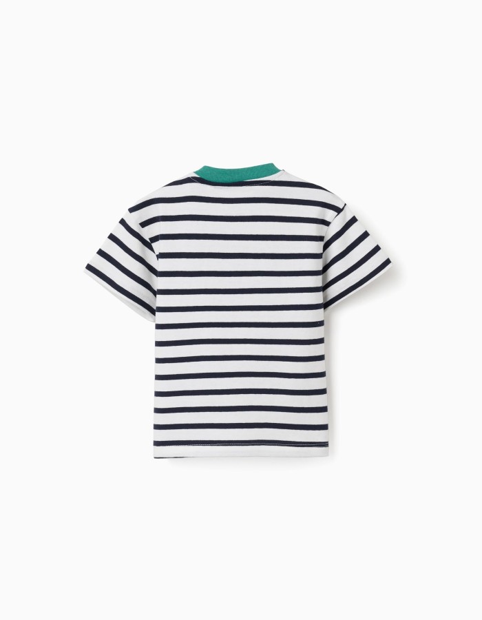 Striped cotton T-shirt with print for baby boys, white/blue/green