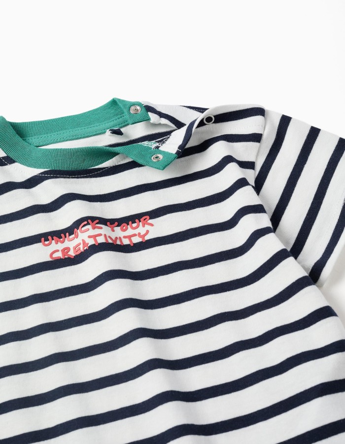 Striped cotton T-shirt with print for baby boys, white/blue/green