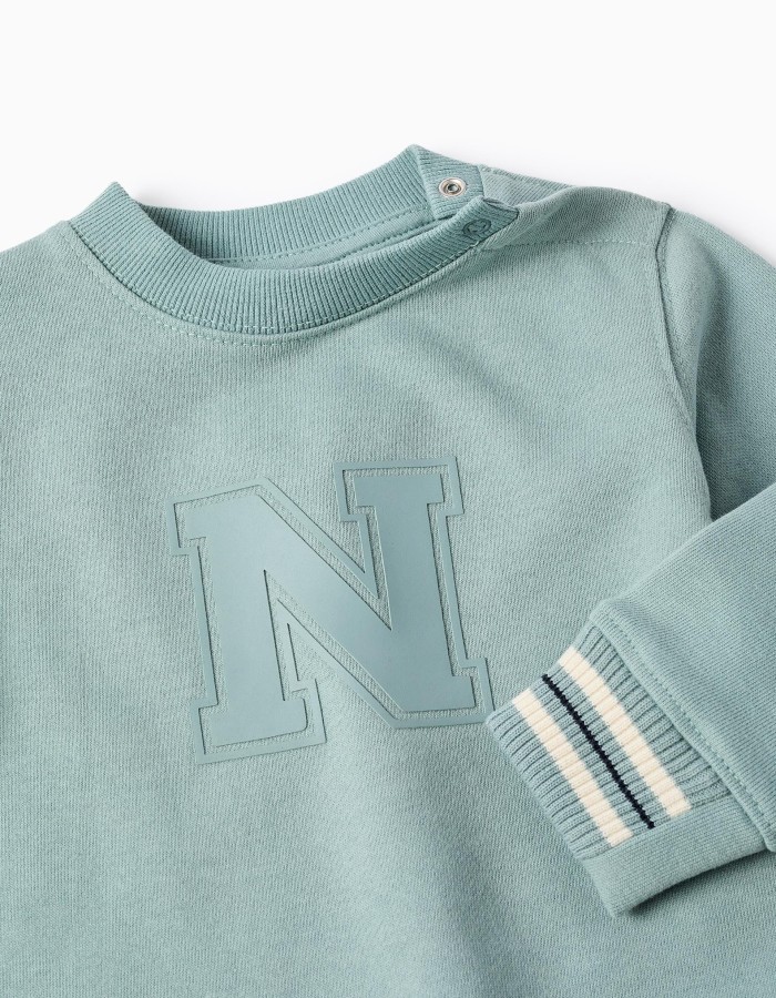 Cotton sweatshirt with embossed N for baby boys, light green