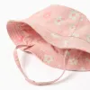 Bucket hat with flowers and side straps for baby girls, pink
