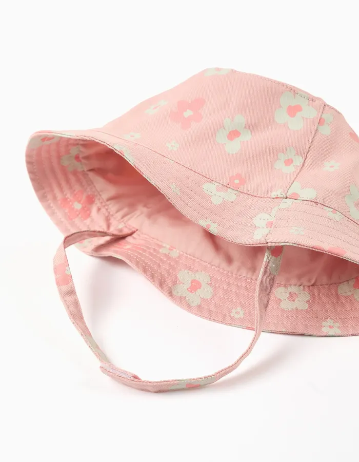 Bucket hat with flowers and side straps for baby girls, pink