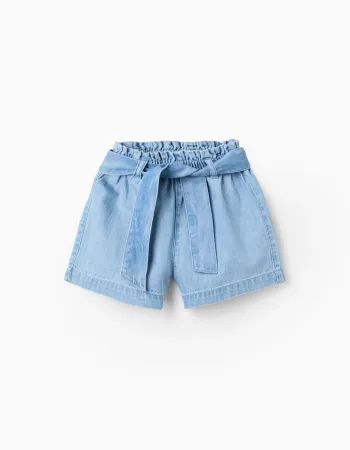 Denim shorts with paperbag waist and belt for baby girls, blue