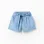 Denim shorts with paperbag waist and belt for baby girls, blue